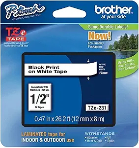 BROTHER TZE-231 LABEL 12MM BLACK ON WHITE TAPE 8-METERS