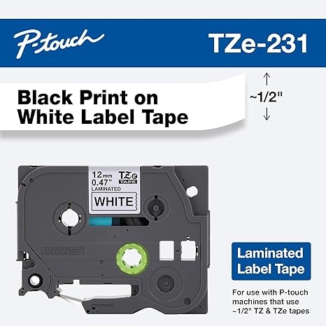 BROTHER TZE-231 LABEL 12MM BLACK ON WHITE TAPE 8-METERS