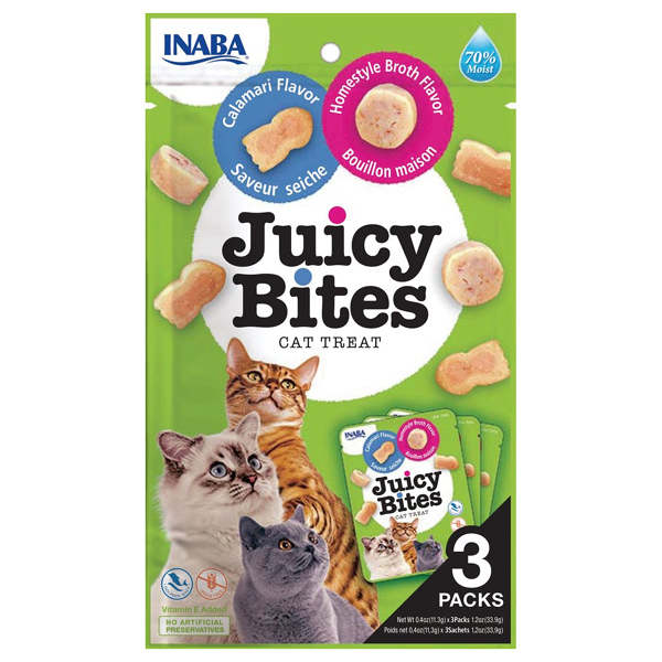 inaba juicy bites cat treat 3 packs with homestyle broth & calamri flavour