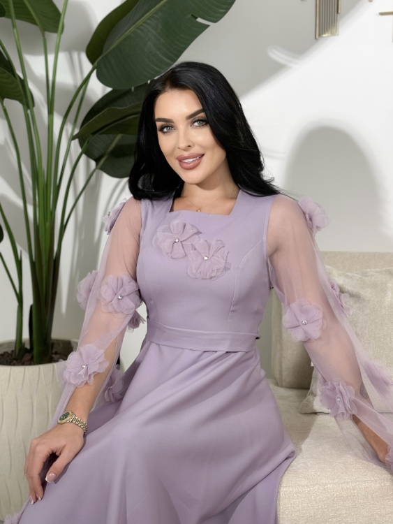 Long Sleeve  Dress With 3D Flower Decoration  فستان الورد