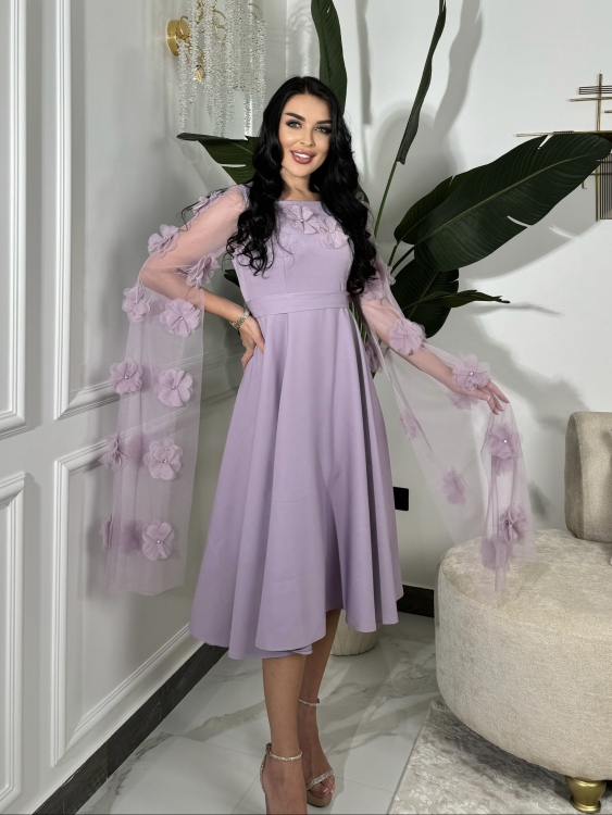 Long Sleeve  Dress With 3D Flower Decoration  فستان الورد