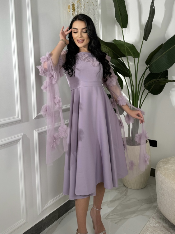 Long Sleeve  Dress With 3D Flower Decoration  فستان الورد