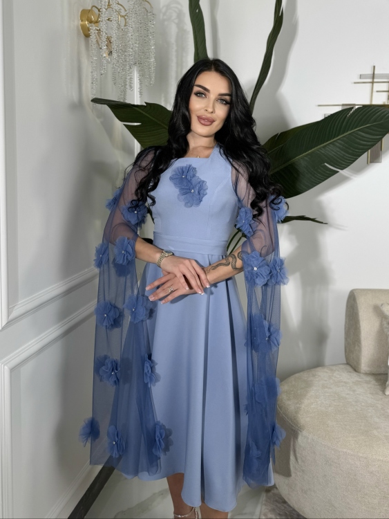 Long Sleeve  Dress With 3D Flower Decoration فستان الورد