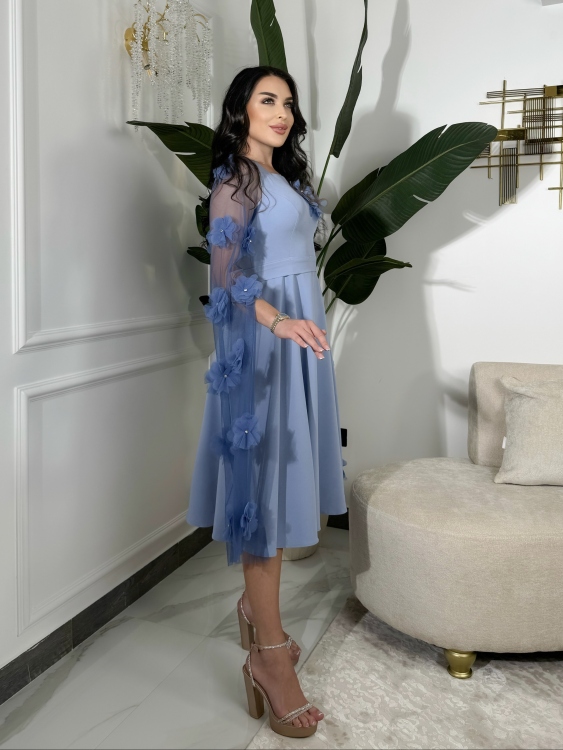 Long Sleeve  Dress With 3D Flower Decoration فستان الورد