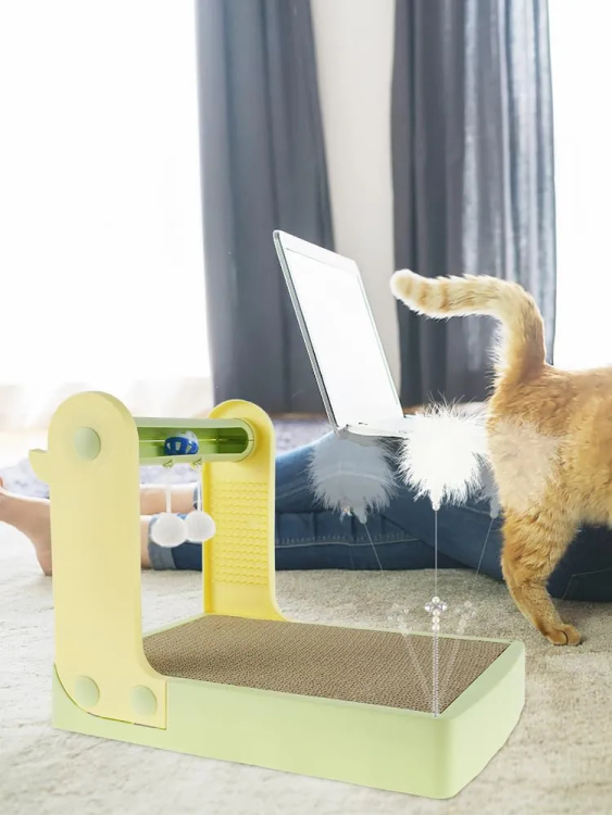 Cat Scratch Pad with Track Bell Ball Plush Ball Grooming Board and Feather Toy for Indoor Cats Kittens