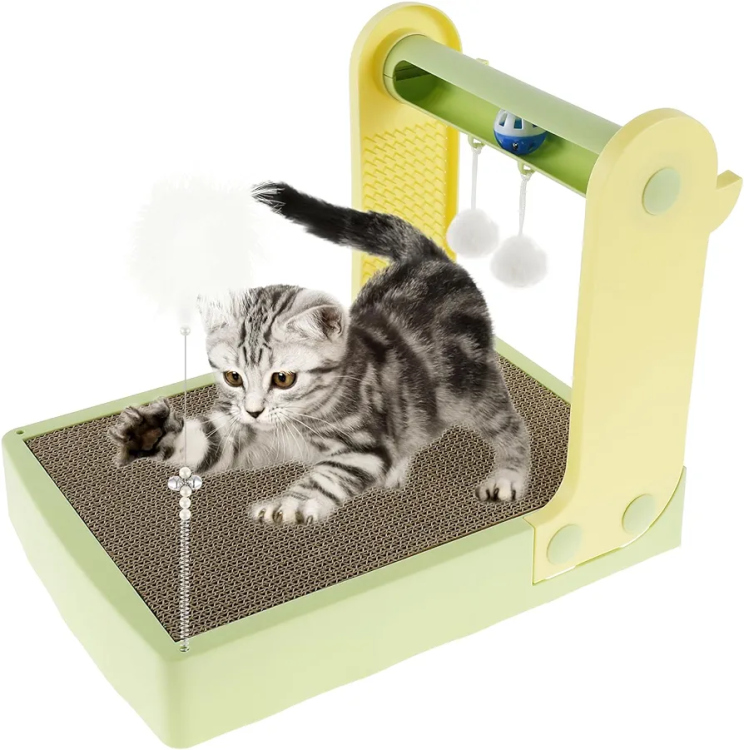 Cat Scratch Pad with Track Bell Ball Plush Ball Grooming Board and Feather Toy for Indoor Cats Kittens