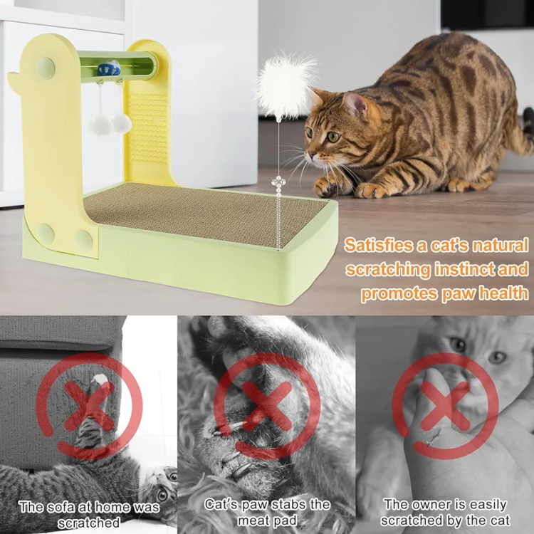 Cat Scratch Pad with Track Bell Ball Plush Ball Grooming Board and Feather Toy for Indoor Cats Kittens