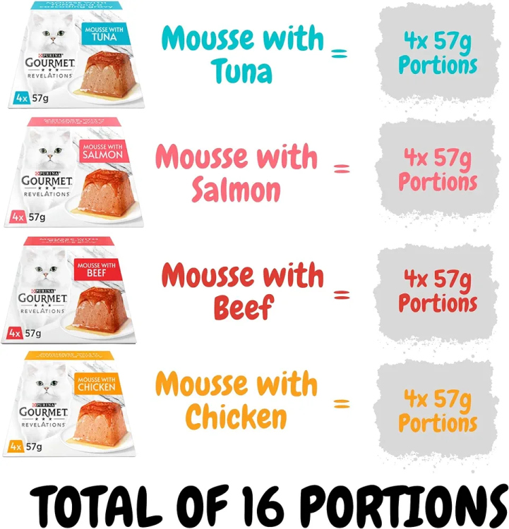 Gourmet Revelations Cat Food in Gravy/Mousse | 1Wet Cat Food Portions in 4 Delicious Flavours - Tuna, Salmon, Chicken and Beef