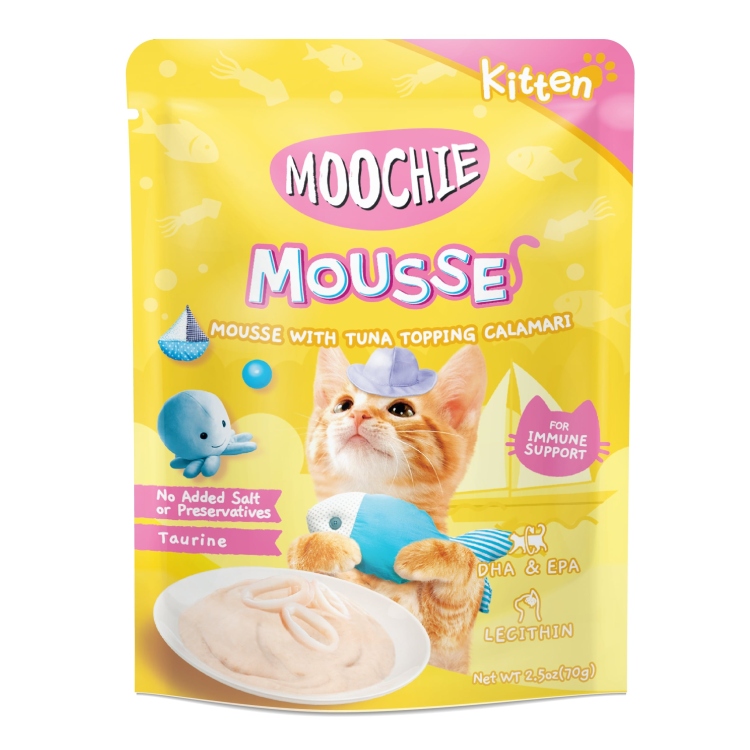 Moochie kitten mousse  with tunatopping calamari