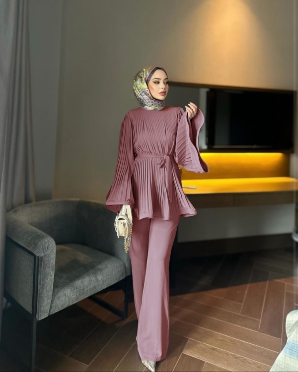 Belted Pleated Blouse & Pants Set