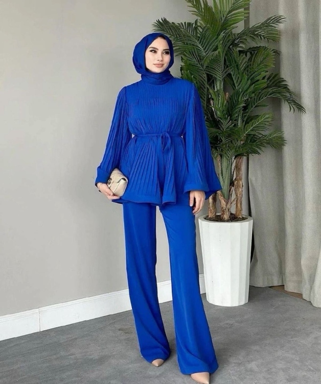 Belted Pleated Blouse & Pants Set