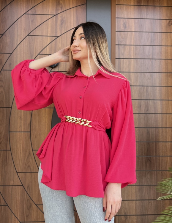 Lantern Sleeve Belted Blouse