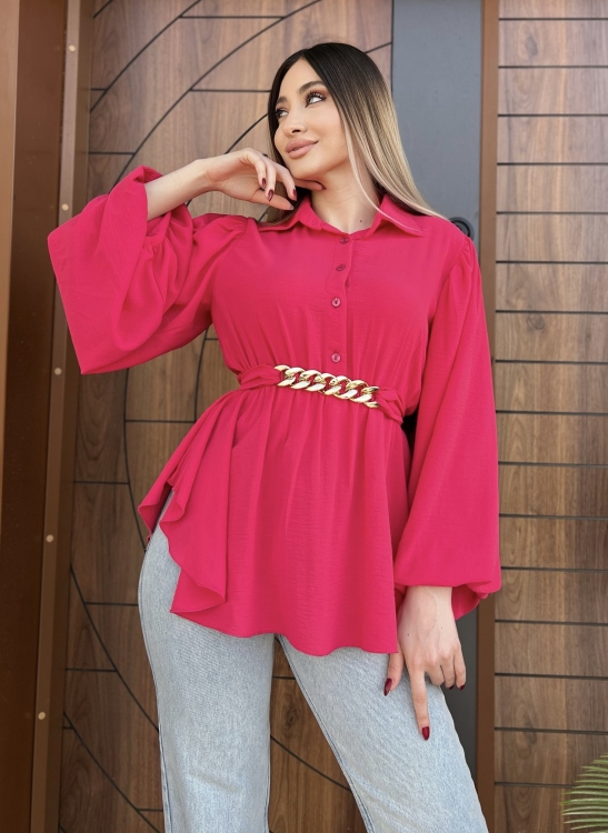 Lantern Sleeve Belted Blouse