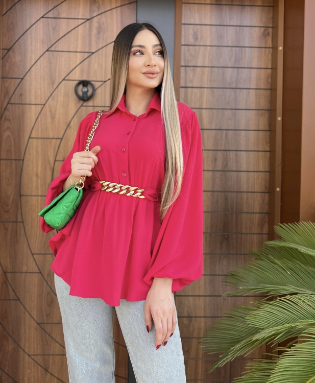 Lantern Sleeve Belted Blouse