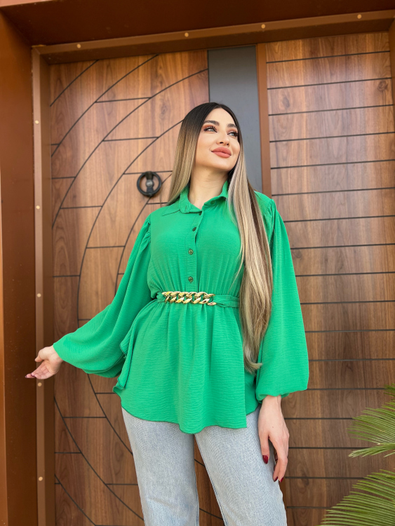 Lantern Sleeve Belted Blouse