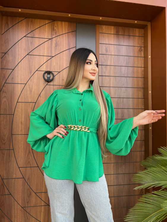 Lantern Sleeve Belted Blouse