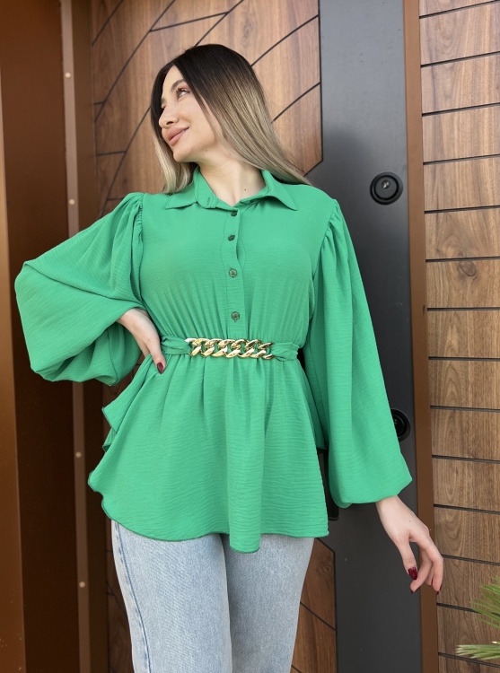 Lantern Sleeve Belted Blouse