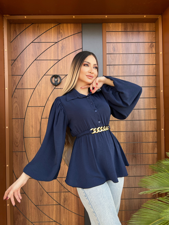 Lantern Sleeve Belted Blouse