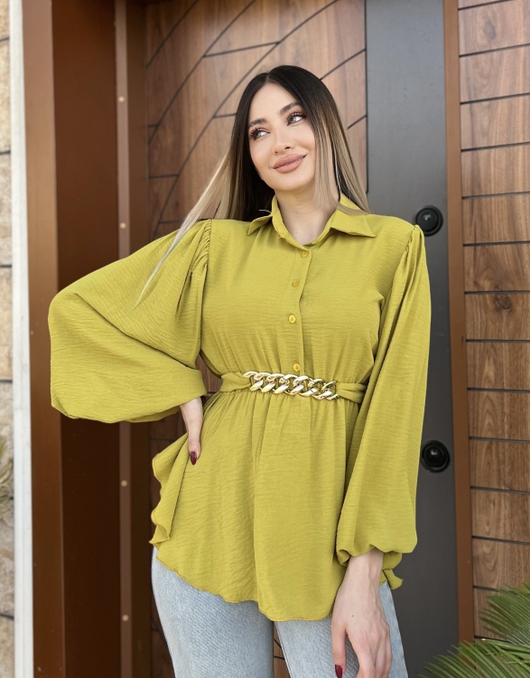 Lantern Sleeve Belted Blouse