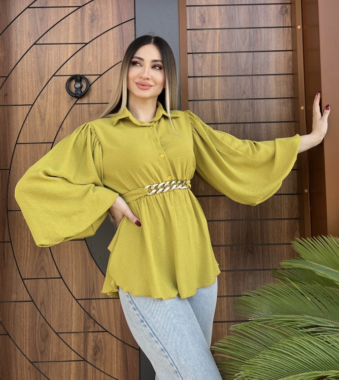 Lantern Sleeve Belted Blouse