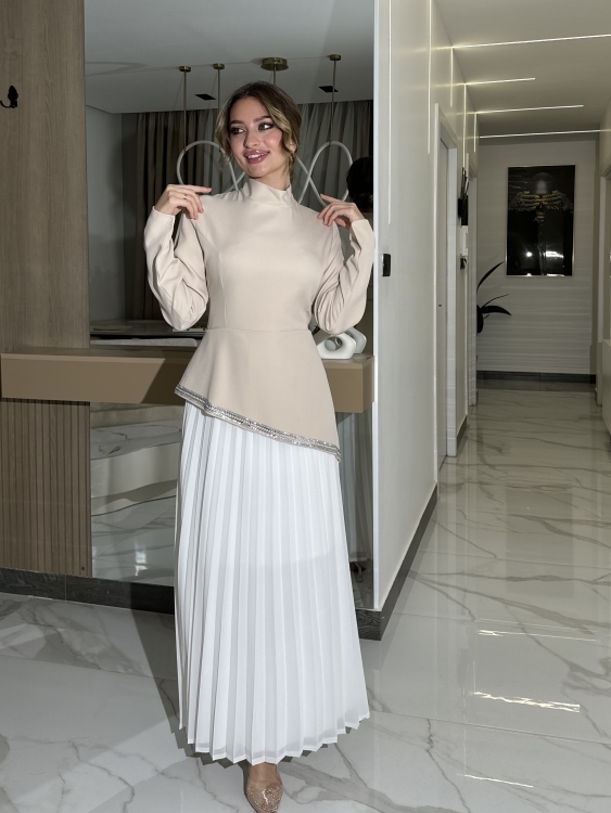 Elegant Pleated Waist Dress(بيج)