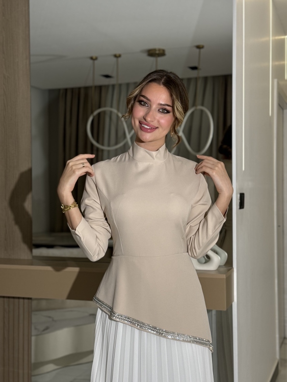 Elegant Pleated Waist Dress(بيج)