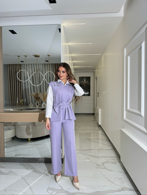 Belted Blouse & Wide Leg Pants Set 