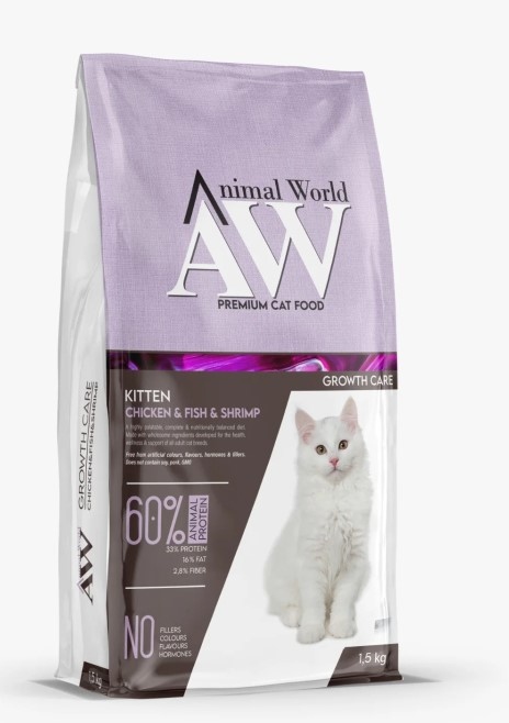 PREMIUM AW  للقطط الصغيرة السلمون و الدجاج والروبيان PREMIUM AW KITTEN (رعاية النمو - 60٪ بروتين حيواني) 1.5 كجم