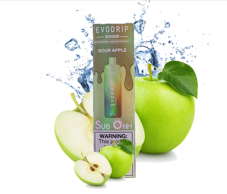 EVODRIP Sour Apple Ice - 4500 Puffs - Rechargeable,  Disposable Vape - Nic Strength: 10mg (1%)