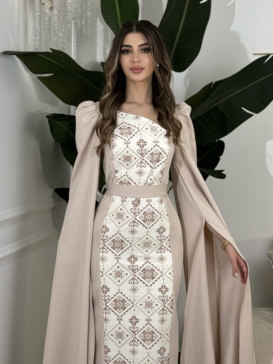 Puffed ‏Shoulder ‏Henna ‏Dress (سلوى بيج)