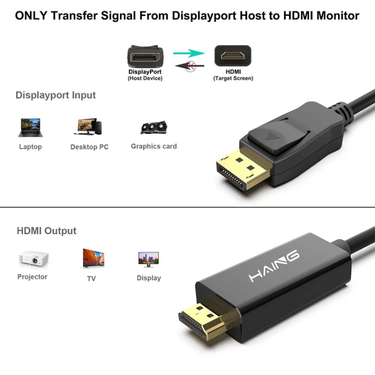HAING DISPLAY PORT TO HDMI CABLE 1.8CM [ HI-2013-DHHR ]