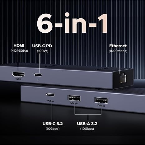  UGREEN45000 6-IN-1 USB-C TO HDMI+2*USB-A 3.2 +1*USB 3.2 C+RJ45+PD POWER CONVERTER