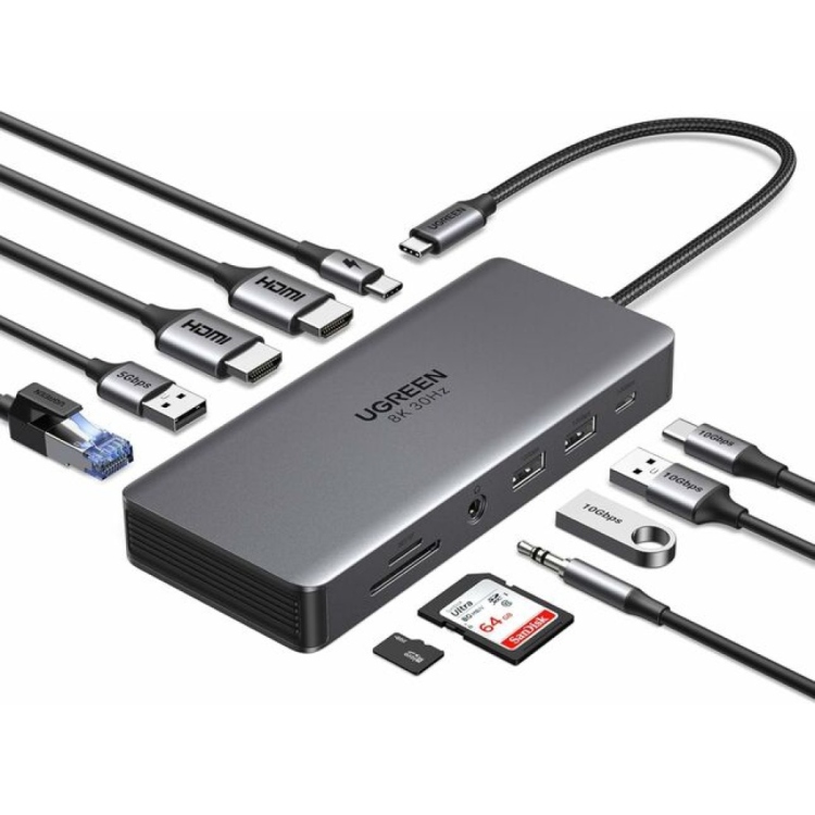  UGREEN 45520 11-IN-1 USB-C TO 2XUSB-C 3.2+USB-A 3.2+USB-A 3.0+HDMI+VGA+RJ45 GIGABIT+SD/TF+AUX3.5MM+PD CONVERTER