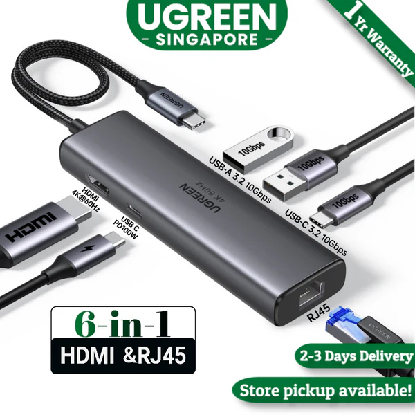  UGREEN 45000 6-IN-1 USB-C TO HDMI+2*USB-A 3.2 +1*USB 3.2 C+RJ45+PD POWER CONVERTER