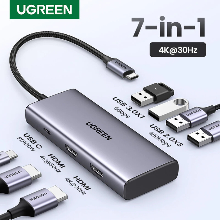  UGREEN 45379 7-IN-1 USB-C TO 2*USB-A 3.2+2*USB-C 3.2+2*HDMI+PD PORT CONVERTER