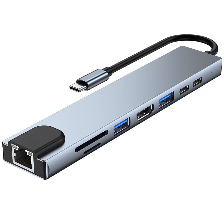 موزع USB-C متعدد الوظائف 8 في 1  منفذين Type-C وHDMI وRJ45 ومنفذين USB 3.0 وقارئ بطاقات