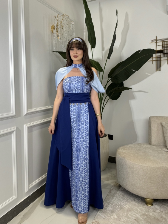 ‏(blue )Henna Embroidery Dress