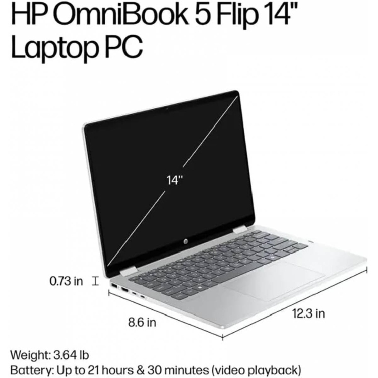 HP OMNIBOOK 5 FLIP 14-FP0013DX INTEL® CORE™ 5 120U 5.0 GHZ -8GB DDR5-5200 -512 GB PCIE® -14" DIAGONAL, 2K (1920 X 1200) IPS TOUCH - WINDOWS 11 HOME