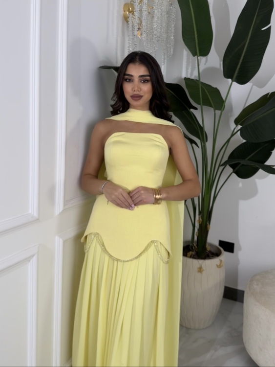 شمس  Two-piece powder yellow dress with long neck shawl