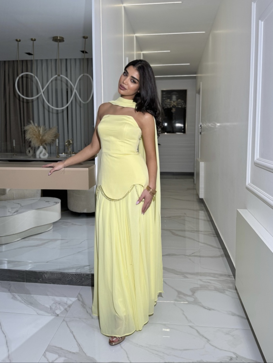 شمس  Two-piece powder yellow dress with long neck shawl