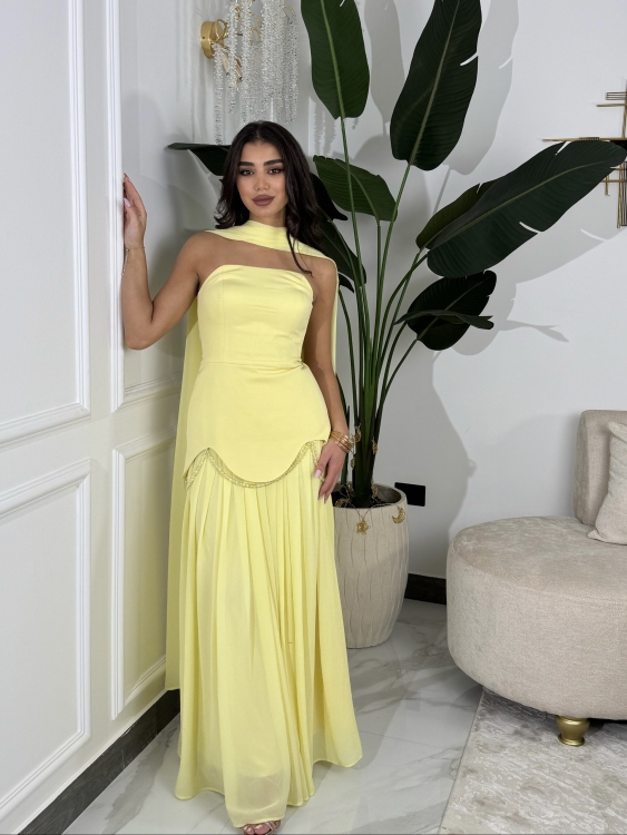شمس  Two-piece powder yellow dress with long neck shawl