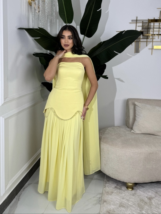 شمس  Two-piece powder yellow dress with long neck shawl