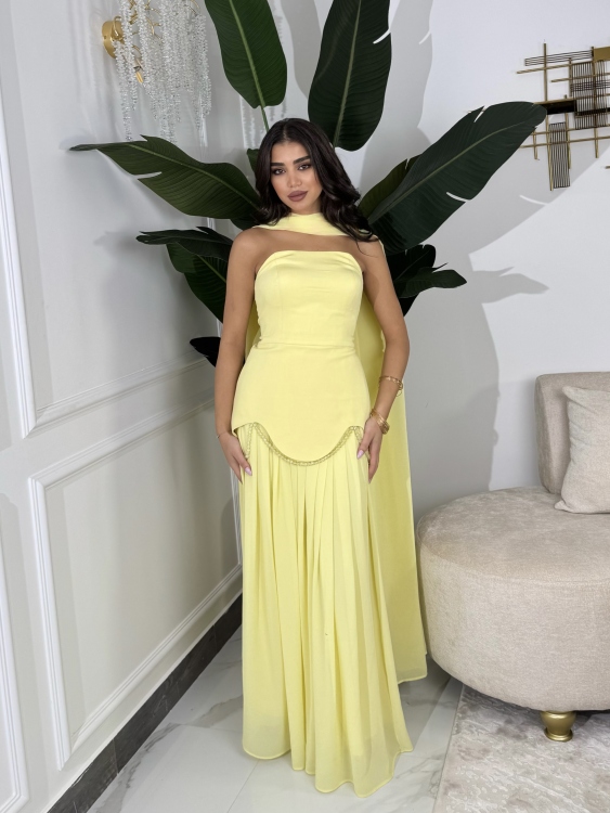 شمس  Two-piece powder yellow dress with long neck shawl