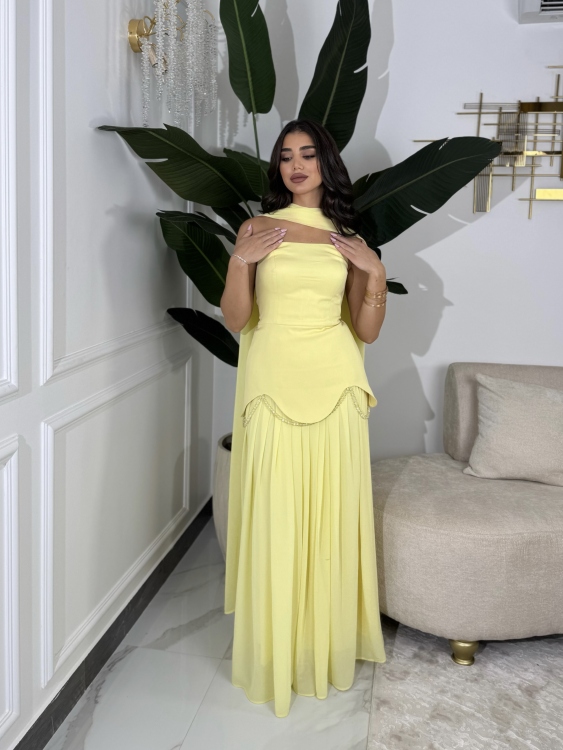 شمس  Two-piece powder yellow dress with long neck shawl