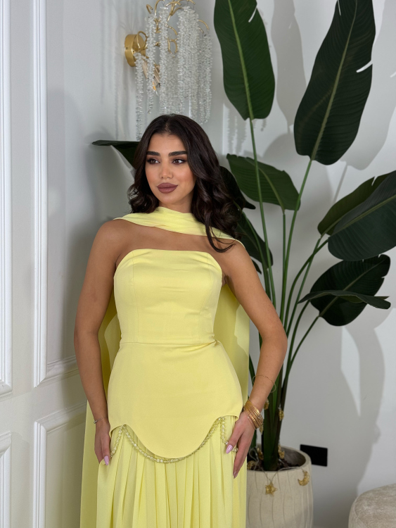 شمس  Two-piece powder yellow dress with long neck shawl