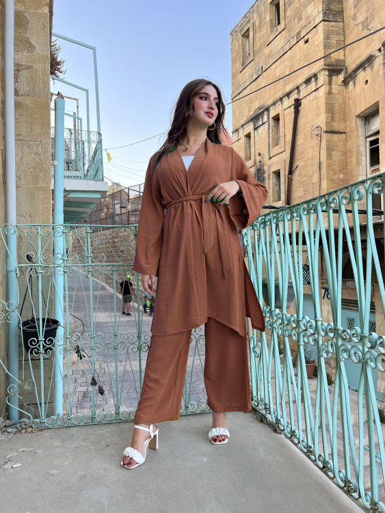 Open Front Coat With Belt & Wide Leg Pants Set