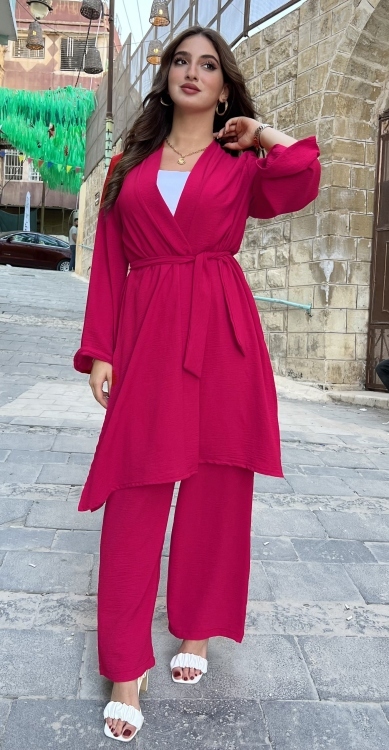 Open Front Coat With Belt & Wide Leg Pants Set