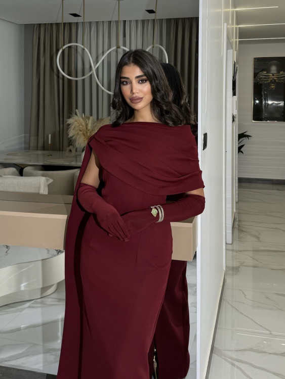  (جوليا )Elegant Julia Dress – One Shoulder & Draped Side Cape
