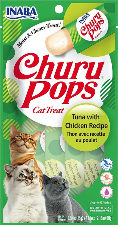 INABA CHURU POPS MOIST AND JUICY CAT TREAT، وصفة التونة مع الدجاج، 4 أنابيب