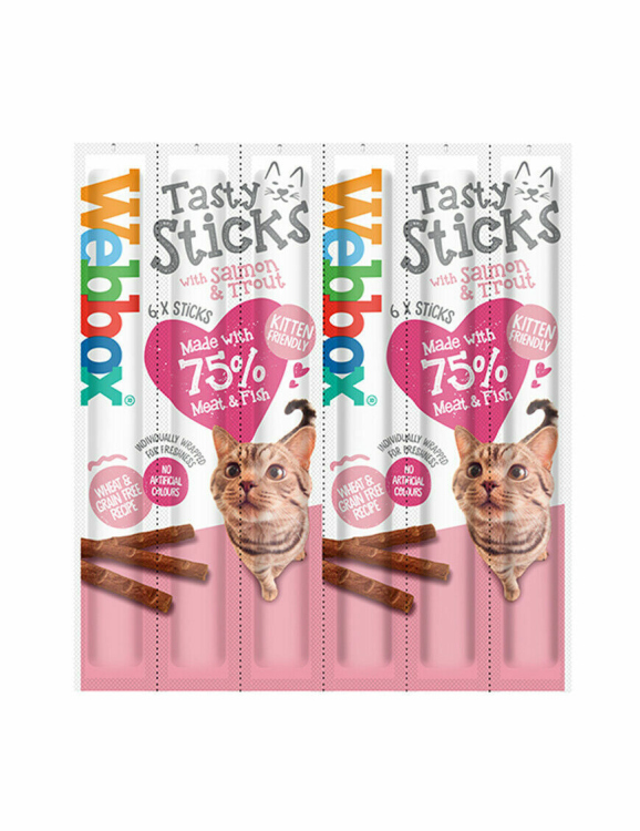webbox cat delight SALMON AND TROUT 6 sticks. soft meaty and full of flavour